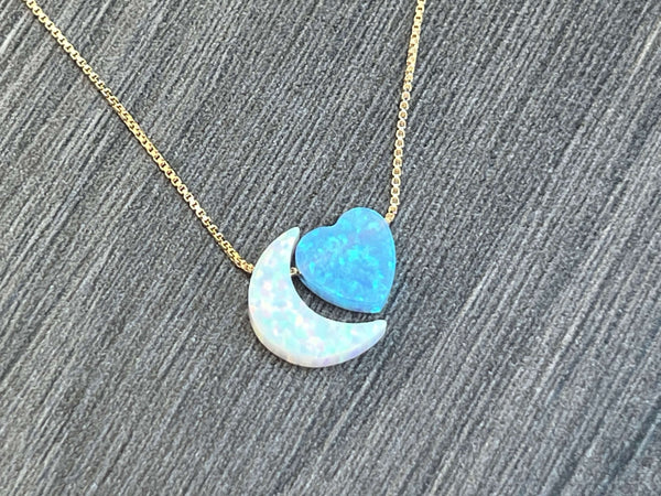 Opal Moon & Heart Charm Sterling Silver or 14kt Gold Filled Necklace