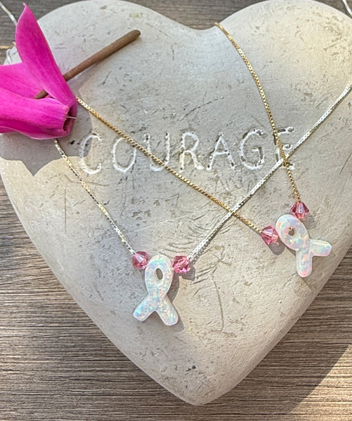 Breast Awareness Ribbon Necklace: Sterling Silver or 14kt Gold Filled - Choose your design and length