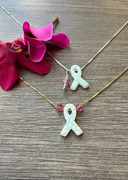 Breast Awareness Ribbon Necklace: Sterling Silver or 14kt Gold Filled - Choose your design and length