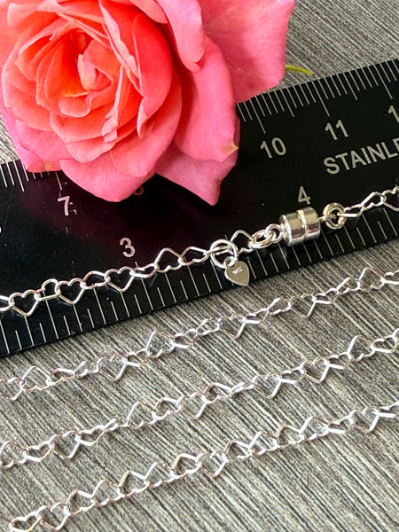 New ! Sterling Silver Necklace: Heart  Link Chain with Magnetic Clasp - Choose your length