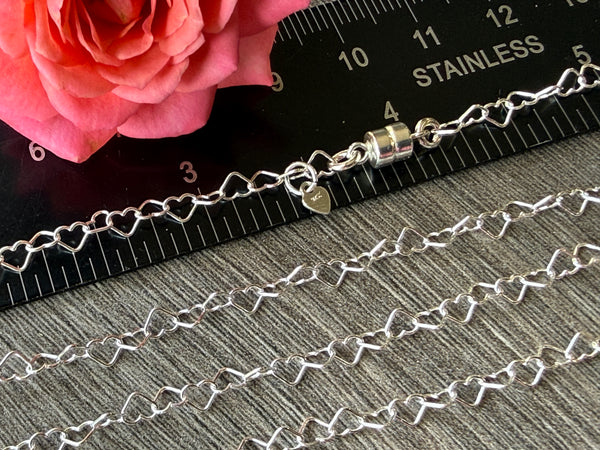 New ! Sterling Silver Necklace: Heart  Link Chain with Magnetic Clasp - Choose your length
