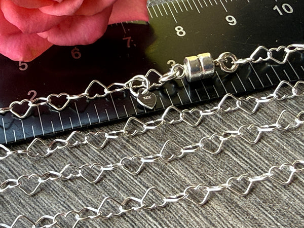 New ! Sterling Silver Necklace: Heart  Link Chain with Magnetic Clasp - Choose your length
