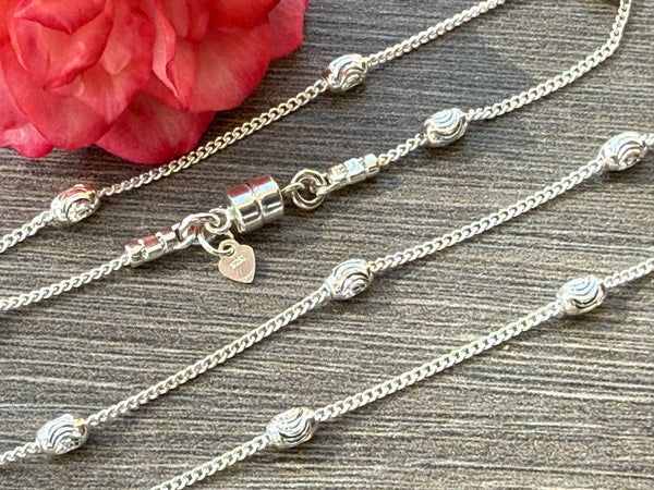 New ! Sterling Silver Necklace: Diamond Cut Oval Beads with Magnetic Clasp - Choose your length