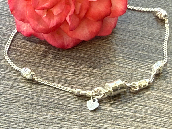 New ! Sterling Silver Bracelet: Diamond Cut Oval Beads with Magnetic Clasp - Choose your length