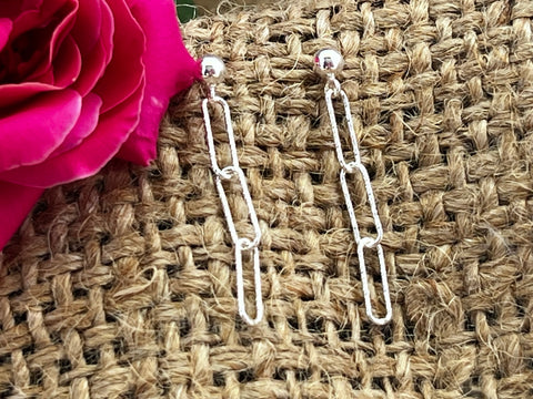Sterling Silver Post Earrings with Sparkling Paperclip Chain Dangle