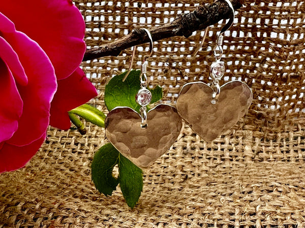 Sterling Silver Hammered Heart  Dangle Earrings