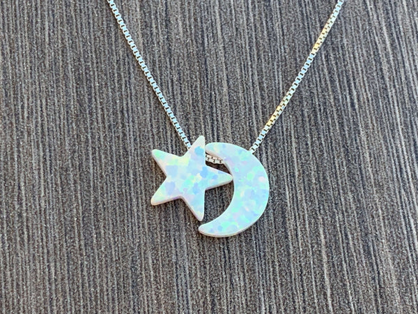 Opal Moon & Star Sterling Silver Necklace