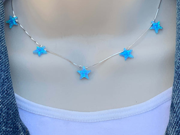 Opal Star Charm Sterling Silver Choker Necklace