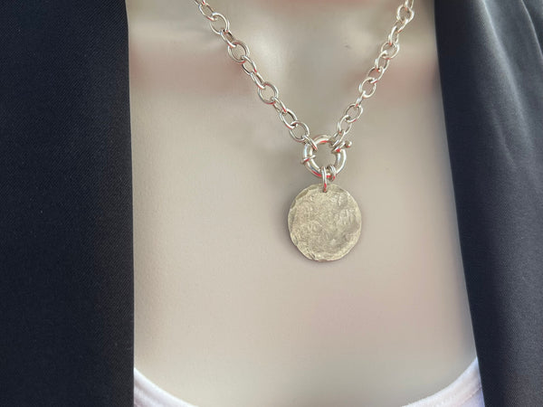 Sterling Silver Necklace with Bolt Clasp & Hammered Disk Charm or Heart Charm