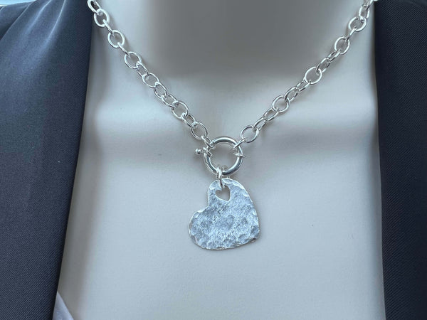 Sterling Silver Necklace with Bolt Clasp & Hammered Disk Charm or Heart Charm