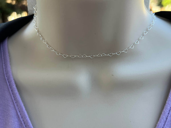 Sterling Silver 4mm Heart Link Choker Necklace
