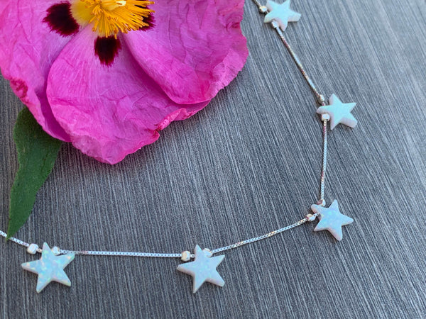 Opal Star Charm Sterling Silver Choker Necklace