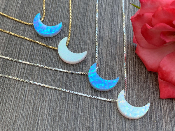 Opal Moon Charm Sterling Silver or 14kt Gold Filled Necklace 